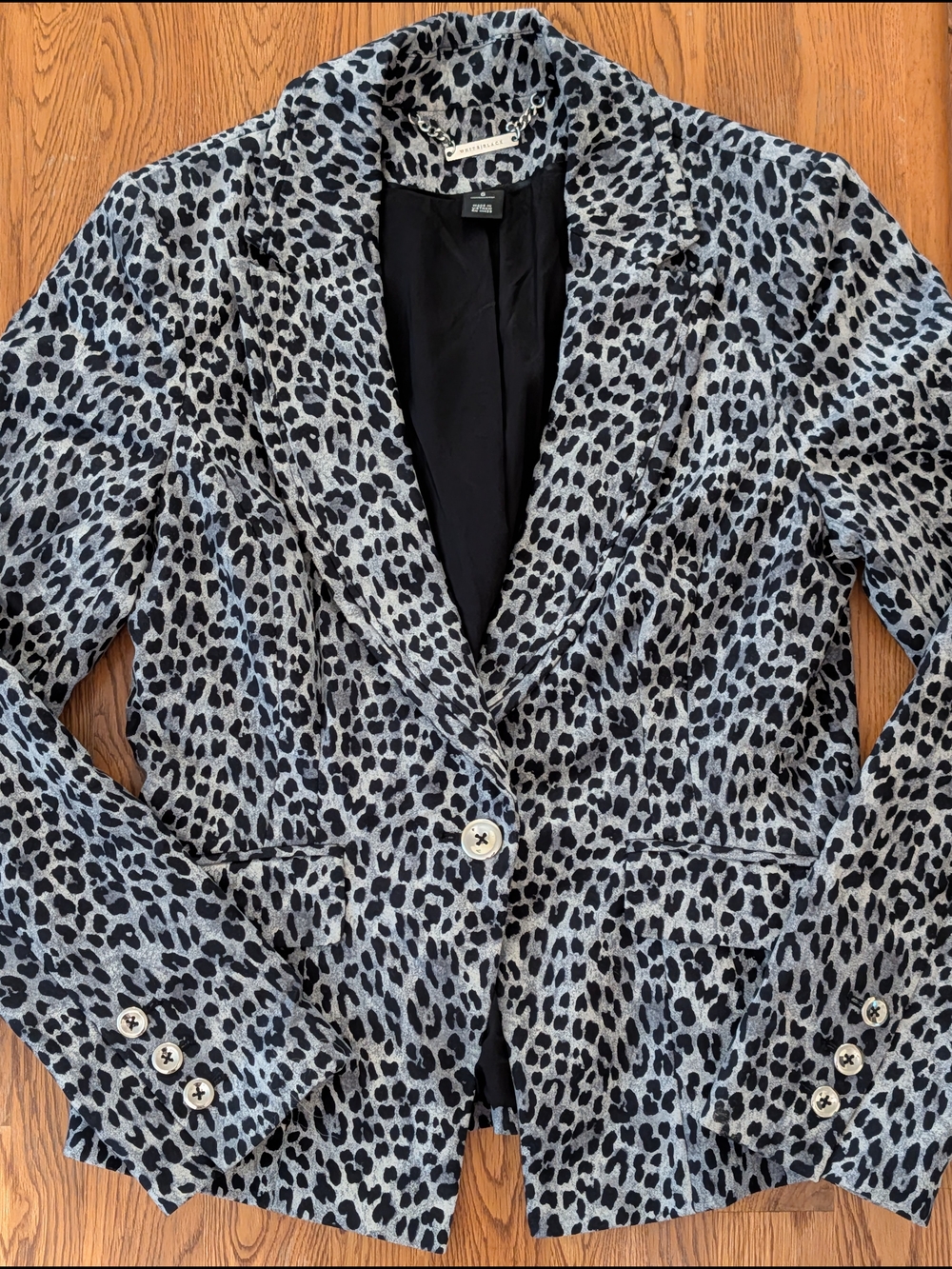 White House Black Market Gray and Black Leopard Print Patterned Blazer Jacket